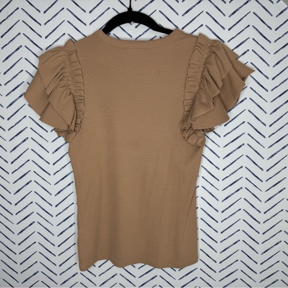 Express Ruffle Short Sleeve Fine Rib Tee Blouse Tan Camel - Small - Picture 3 of 6